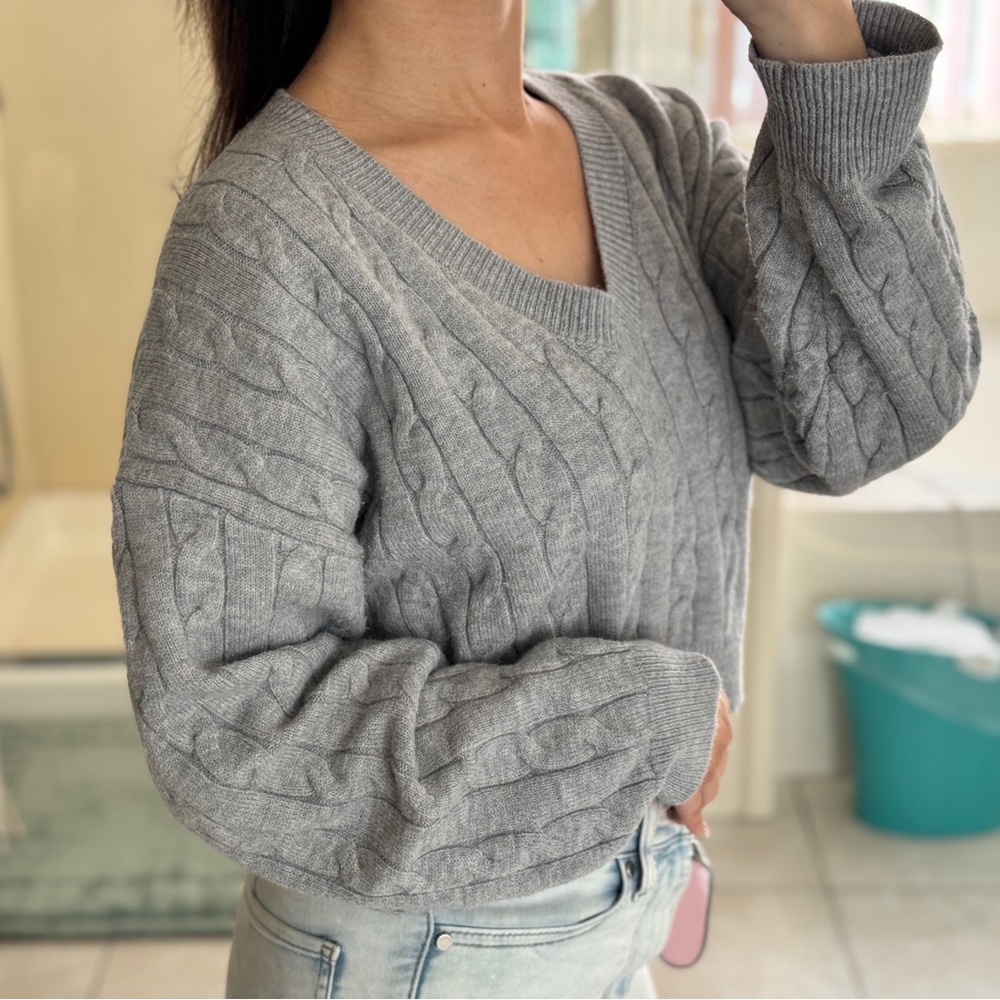 Gray Cable Knit V-Neck Crop Top Sweater